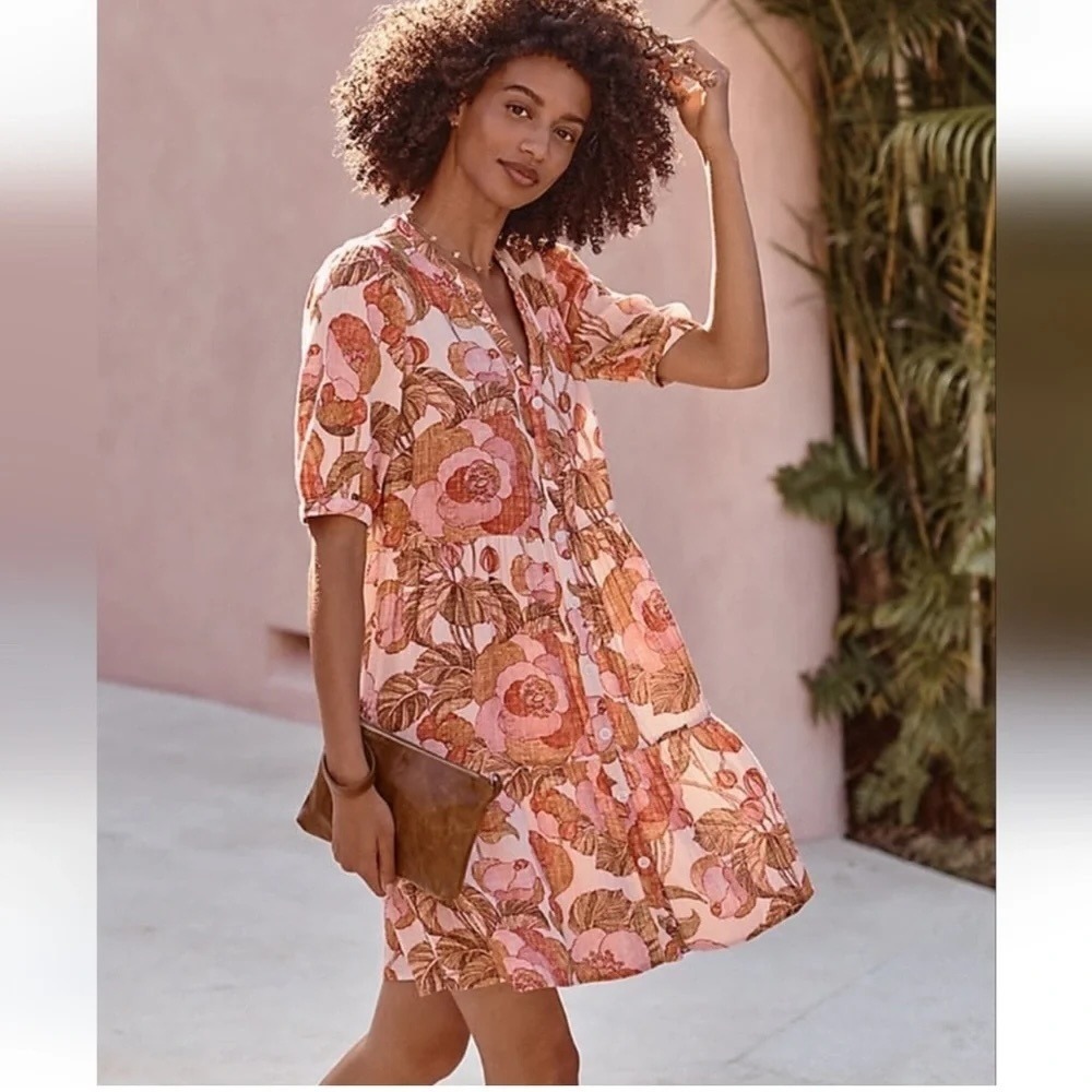 Garnet Hill Sz L Organic Cotton Tiered Shirtdress Gauze Floral Pink Orange $159